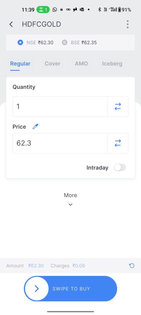 last step for setting a limit order for gold etf in zerodha image